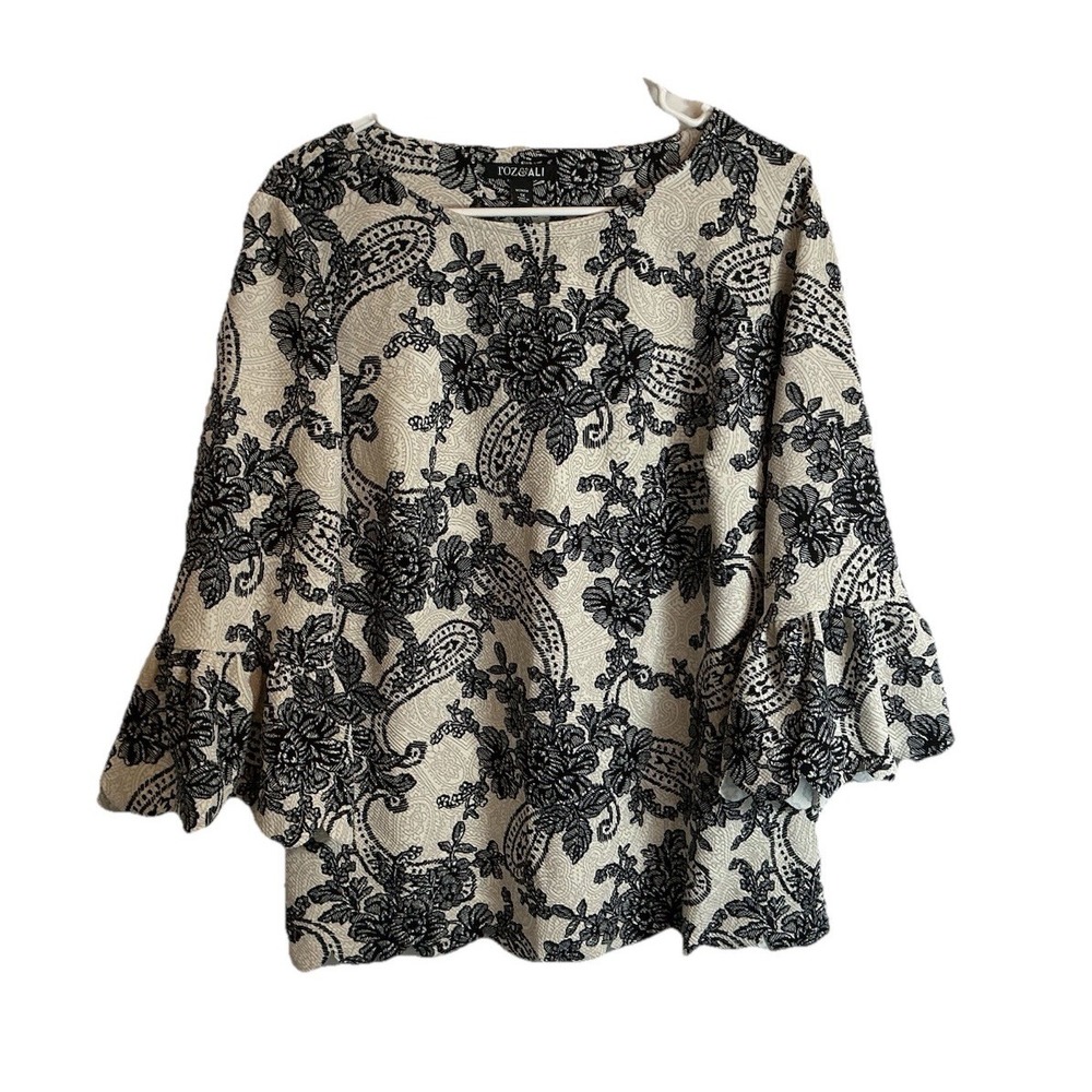 Roz & Ali Women's Floral Blouse Ruffle Sleeves Beige Black Stretch Plus Size 1X - Picture 1 of 8